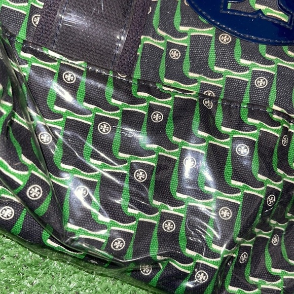 Tory Burch Boot Print Navy Canvas  patent  Tote Bag🔥 - Picture 6 of 7